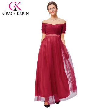 Grace Karin sexy fuera del hombro mangas cortas suave Tulle rojo oscuro largo vestido de baile de fin de curso GK000077-2